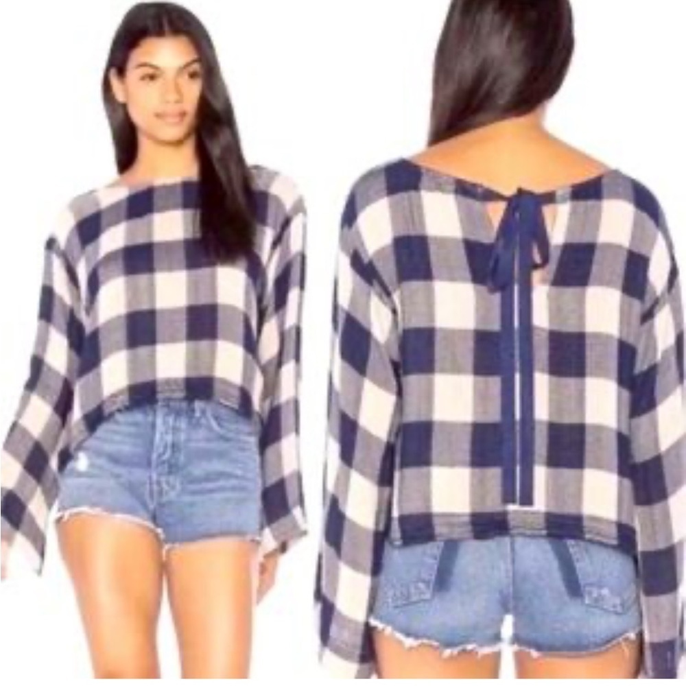 Cloth & Stone Wide Sleeve Tie Back Boxy Cropped Large Gingham Check Top XS